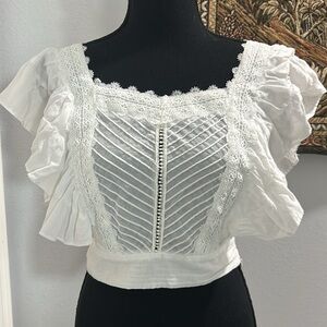 Love shack fancy inspired 100% cotton DO+BE White Lace Trim Peasant Crop Top